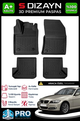 S-Dizayn Bmw 3 Serisi E90 3D Pro Havuzlu Paspas 2004-2013 A+ Kalite