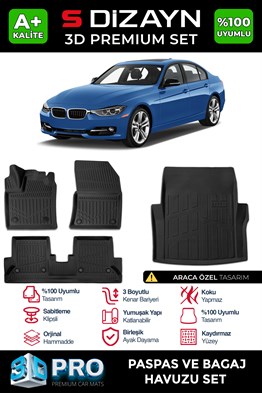 S-Dizayn Bmw 3 Serisi F30 3D Pro Havuzlu Paspas ve Bagaj Havuzu Seti (2li SET) 2012-2019 A+ Kalite