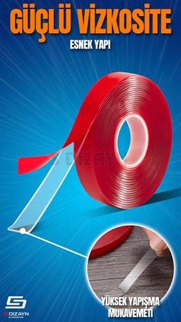 S-Dizayn Çift Taraflı Bant 10mm x 5 Metre 5li Paket Şeffaf Silikon VHB Bant A+Kalite