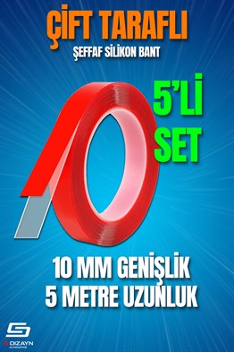 S-Dizayn Çift Taraflı Bant 10mm x 5 Metre 5li Paket Şeffaf Silikon VHB Bant A+Kalite