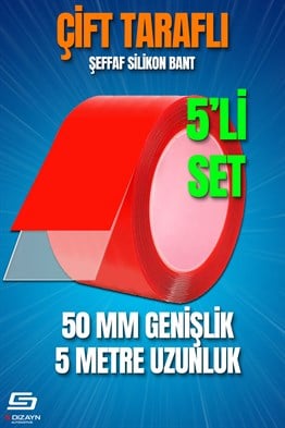 S-Dizayn Çift Taraflı Bant 50mm x 5 Metre 5li Paket Şeffaf Silikon VHB Bant A+Kalite