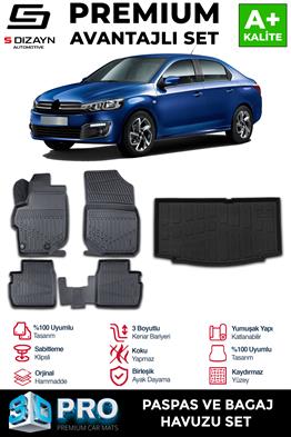 S-Dizayn Citroen C-Elysee 3D Pro Havuzlu Paspas ve Bagaj Havuzu Seti (2li SET) 2012-2017 A+ Kalite
