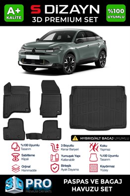 S-Dizayn Citroen C4 Hybrid 3D Pro Havuzlu Paspas ve Alt Bagaj Havuzu Seti (2li SET) 2025 Üzeri A+ Kalite
