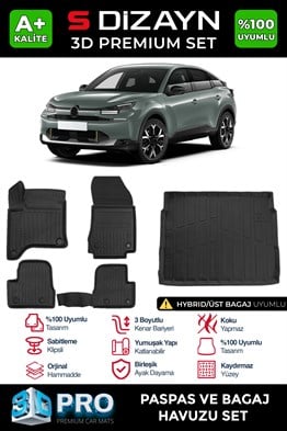 S-Dizayn Citroen C4 Hybrid 3D Pro Havuzlu Paspas ve Üst Bagaj Havuzu Seti (2li SET) 2025 Üzeri A+ Kalite