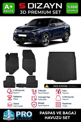S-Dizayn Citroen C4X 3D Pro Havuzlu Paspas ve Bagaj Havuzu Seti (2li SET) İnce Stepne 2023 Üzeri A+ Kalite