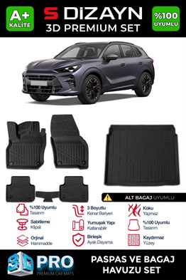 S-Dizayn Cupra Terramar 3D Pro Havuzlu Paspas ve Alt Bagaj Havuzu Seti (2li SET) 2024 Üzeri A+ Kalite
