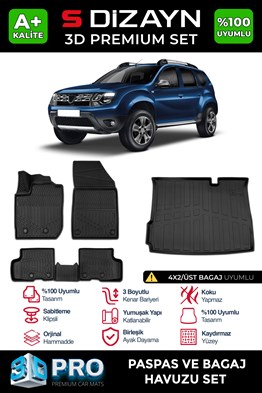 S-Dizayn Dacia Duster 4X2 3D Pro Havuzlu Paspas ve Üst Bagaj Havuzu Seti (2li SET) 2018-2022 A+ Kalite