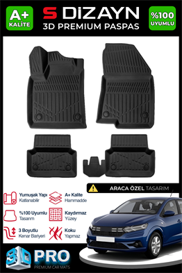 S-Dizayn Dacia Logan 3 Sedan EU 3D Pro Havuzlu Paspas 2021 Üzeri A+ Kalite