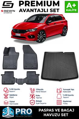 S-Dizayn Fiat Egea HB 3D Pro Havuzlu Paspas ve Bagaj Havuzu Seti (2li SET) 2015 Üzeri A+ Kalite