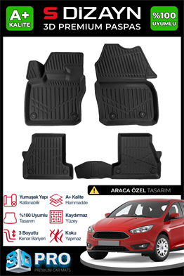 S-Dizayn Ford Focus 3 Makyajlı 3D Pro Havuzlu Paspas 2014-2019 A+ Kalite