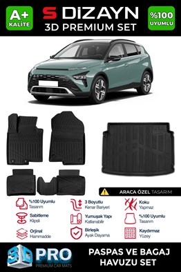 S-Dizayn Hyundai Bayon 3D Pro Havuzlu Paspas ve Bagaj Havuzu Seti (2li SET) 2021 Üzeri A+ Kalite