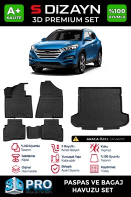 S-Dizayn Hyundai Tucson 3D Pro Havuzlu Paspas ve Bagaj Havuzu Seti (2li SET) 2015-2021 A+ Kalite