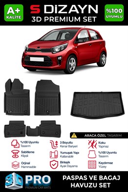 S-Dizayn Kia Picanto 3D Pro Havuzlu Paspas ve Bagaj Havuzu Seti (2li SET) 2017 Üzeri A+ Kalite