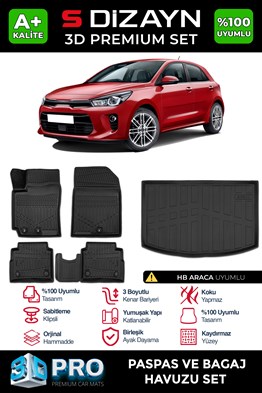 S-Dizayn Kia Rio 3D Pro Havuzlu Paspas ve Bagaj Havuzu Seti (2li SET) 2017-2023 A+ Kalite