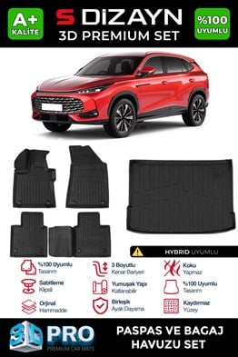 S-Dizayn MG HS Turbo Hybrid 3D Pro Havuzlu Paspas ve Bagaj Havuzu Seti (2li SET) 2024 Üzeri A+ Kalite