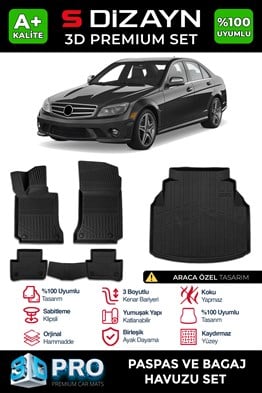 S-Dizayn Mercedes C Serisi W204 3D Pro Havuzlu Paspas ve Bagaj Havuzu Seti (2li SET) 2007-2014 A+ Kalite