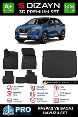 S-Dizayn Nissan Qashqai 1.3 3D Pro Havuzlu Paspas ve Bagaj Havuzu Seti (2li SET) 2021 Üzeri A+ Kalite