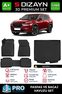 S-Dizayn Nissan X-Trail Benzinli 3D Pro Havuzlu Paspas ve Bagaj Havuzu Seti (2li SET) 2022 Üzeri A+ Kalite