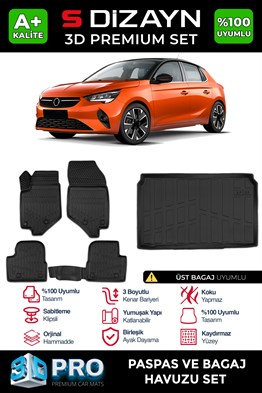 S-Dizayn Opel Corsa F 3D Pro Havuzlu Paspas ve Üst Bagaj Havuzu Seti (2li SET) 2019 Üzeri A+ Kalite