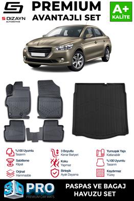 S-Dizayn Peugeot 301 3D Pro Havuzlu Paspas ve Bagaj Havuzu Seti (2li SET) 2013 Üzeri A+ Kalite
