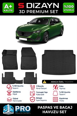 S-Dizayn Peugeot 308 3D Pro Havuzlu Paspas ve Bagaj Havuzu Seti (2li SET) 2022 Üzeri A+ Kalite