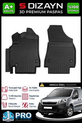 S-Dizayn Peugeot Partner Panelvan Ön 2li 3D Pro Havuzlu Paspas 2008-2018 A+ Kalite