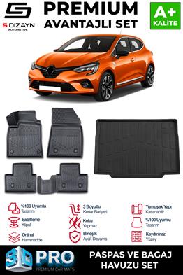 S-Dizayn Renault Clio 5 3D Pro Havuzlu Paspas ve Bagaj Havuzu Seti (2li SET) 2019-2026 A+ Kalite