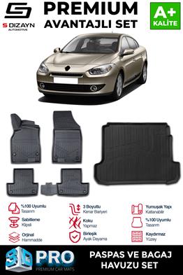 S-Dizayn Renault Fluence 3D Pro Havuzlu Paspas ve Bagaj Havuzu Seti (2li SET) 2010-2016 A+ Kalite
