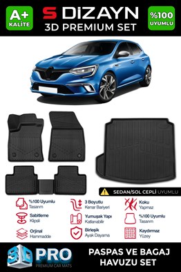 S-Dizayn Renault Megane 4 Sedan 3D Pro Havuzlu Paspas ve Sol Kulak Paspas Bagaj Havuzu Seti (2li SET)  2016-2021 A+ Kalite