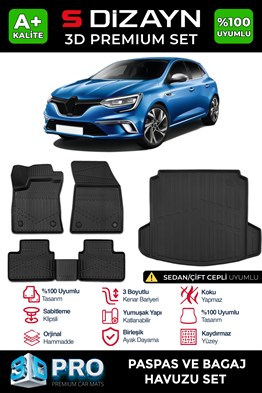 S-Dizayn Renault Megane 4 Sedan 3D Pro Havuzlu Paspas ve Çift Kulak Bagaj Havuzu Seti (2li SET)  2016-2021 A+ Kalite