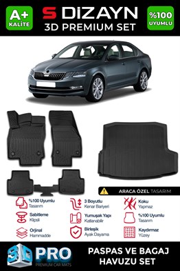 S-Dizayn Skoda Octavia 3D Pro Havuzlu Paspas ve Bagaj Havuzu Seti (2li SET) 2013-2017 A+ Kalite