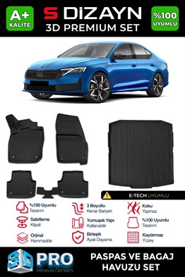 S-Dizayn Skoda Octavia 4 A8 E-Tech 3D Pro Havuzlu Paspas ve Bagaj Havuzu Seti (2li SET) 2024 Üzeri A+ Kalite