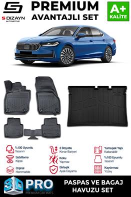 S-Dizayn Skoda SuperB 3D Pro Havuzlu Paspas ve Bagaj Havuzu Seti (2li SET) 2024 Üzeri A+ Kalite