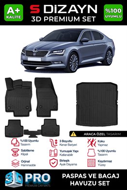 S-Dizayn Skoda SuperB 3D Pro Havuzlu Paspas ve Bagaj Havuzu Seti (2li SET) 2015-2023 A+ Kalite