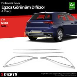 S-Dizayn VW Golf 8 Krom Egzoz Görünümü Difüzör 4 Prç. 2020 Üzeri A+ Kalite