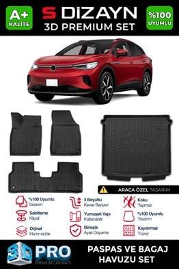S-Dizayn VW ID4 3D Pro Paspas ve Bagaj Havuzu Seti (2li SET)  2024 Üzeri A+ Kalite