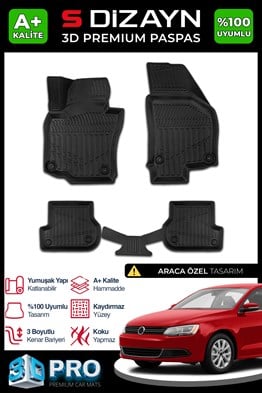 S-Dizayn VW Jetta 3D Pro Havuzlu Paspas 2011 Üzeri A+ Kalite