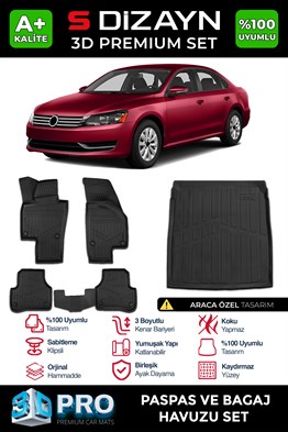 S-Dizayn VW Passat B7 3D Pro Havuzlu Paspas ve Bagaj Havuzu Seti (2li SET) 2010-2014 A+ Kalite