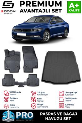 S-Dizayn VW Passat B8 3D Pro Havuzlu Paspas ve Bagaj Havuzu Seti (2li SET) 2015-2019 A+ Kalite