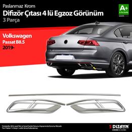 S-Dizayn VW Passat B8.5 Krom Egzoz Görünümü Difüzör 4lü R Line 3 Parça 2019-2023