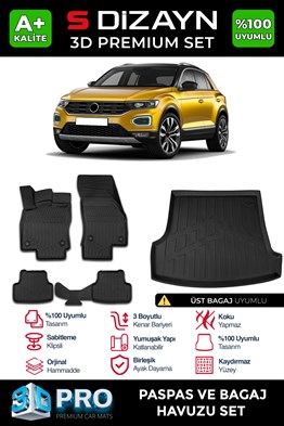 S-Dizayn VW T-Roc 3D Pro Havuzlu Paspas ve Üst Bagaj Havuzu Seti (2li SET) 2019-2021 A+ Kalite