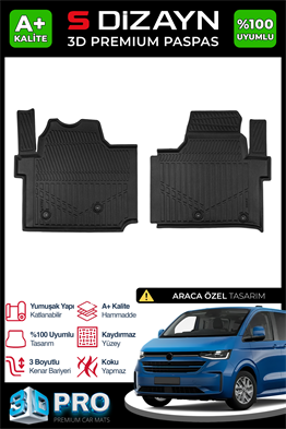 S-Dizayn VW Transporter T7 Panelvan 3D Pro Havuzlu Paspas Ön 2Li 2024 Üzeri A+ Kalite