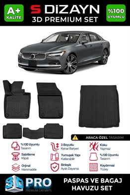 S-Dizayn Volvo S90 3D Pro Paspas ve Bagaj Havuzu Seti (2li SET)  2016 Üzeri A+ Kalite
