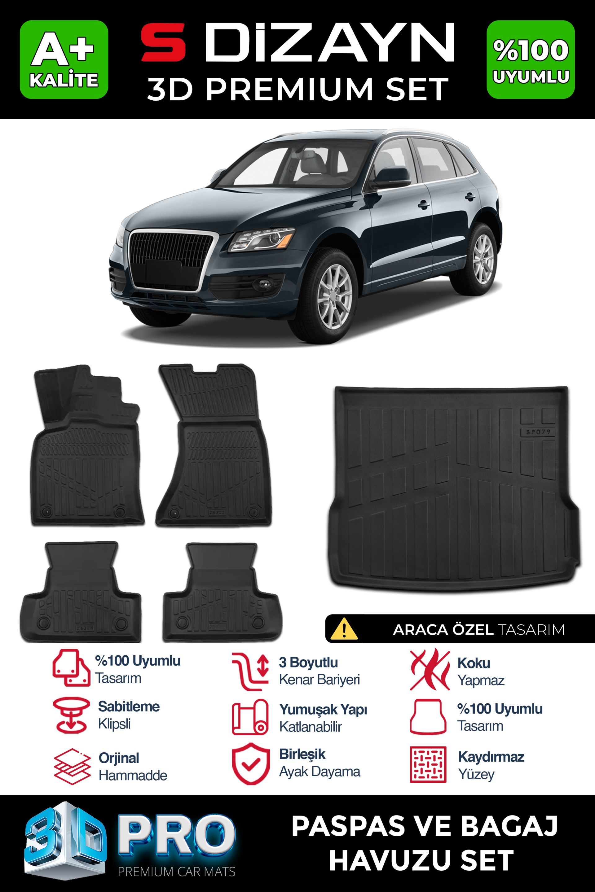 S-Dizayn Audi Q5 3D Pro Havuzlu Paspas ve Bagaj Havuzu Seti (2'li SET) 2009-2017 A+ Kalite