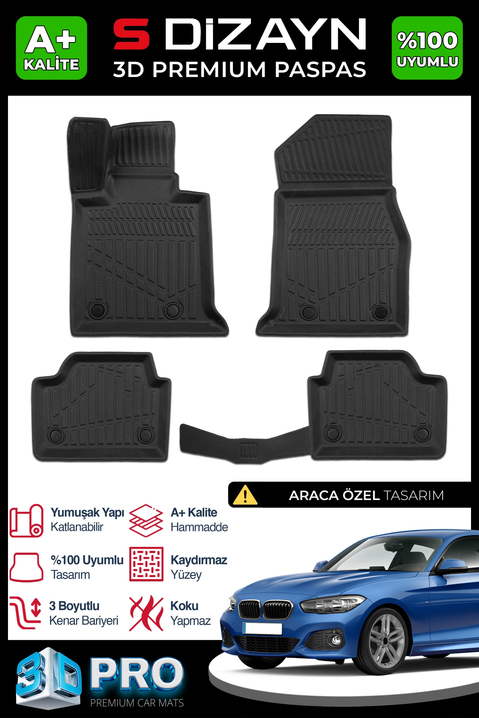 S-Dizayn Bmw 1 Serisi F20-F21 3D Pro Havuzlu Paspas 2011-2019 A+ Kalite