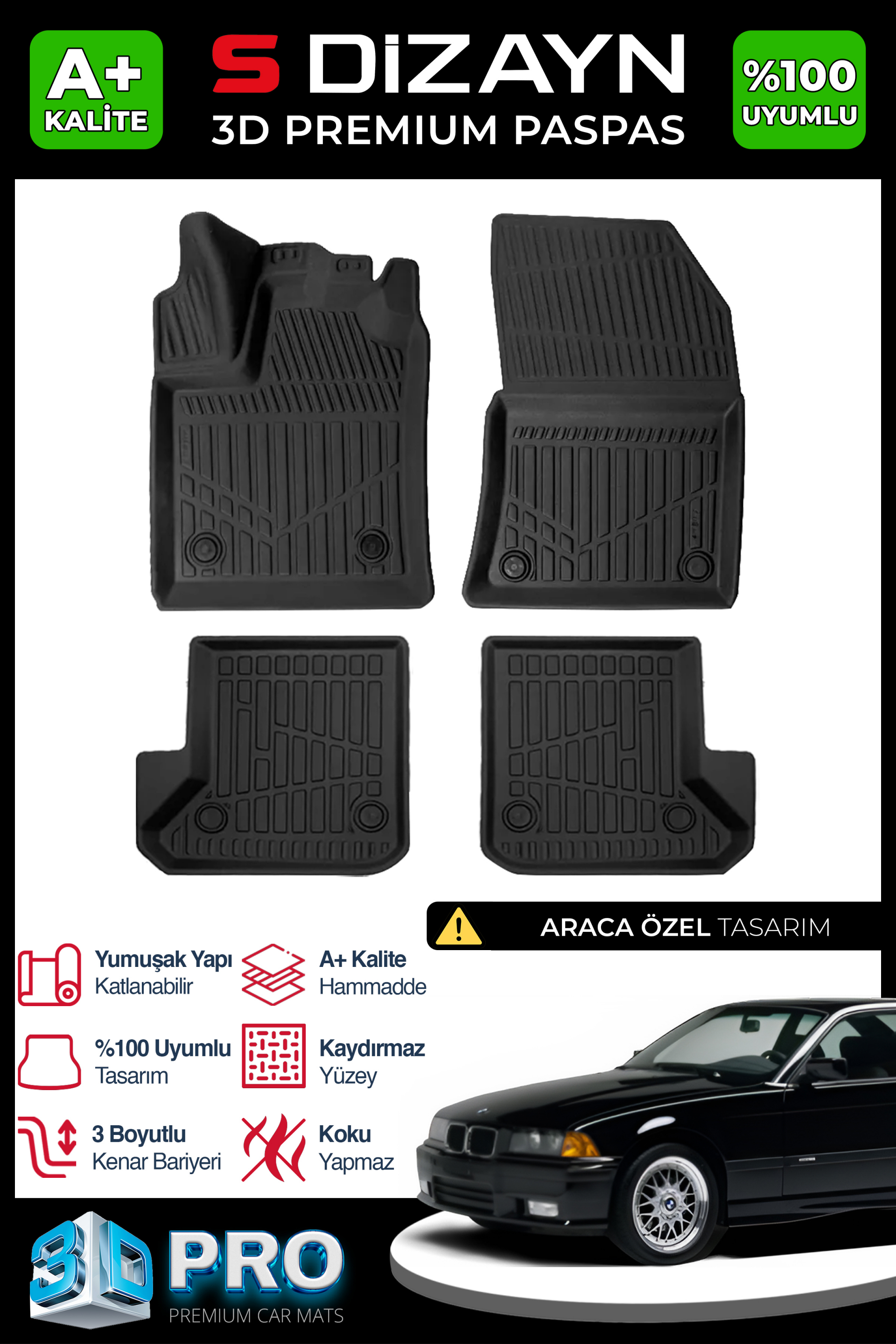 S-Dizayn Bmw 3 Serisi E36 3D Pro Havuzlu Paspas 1990-2000 A+ Kalite