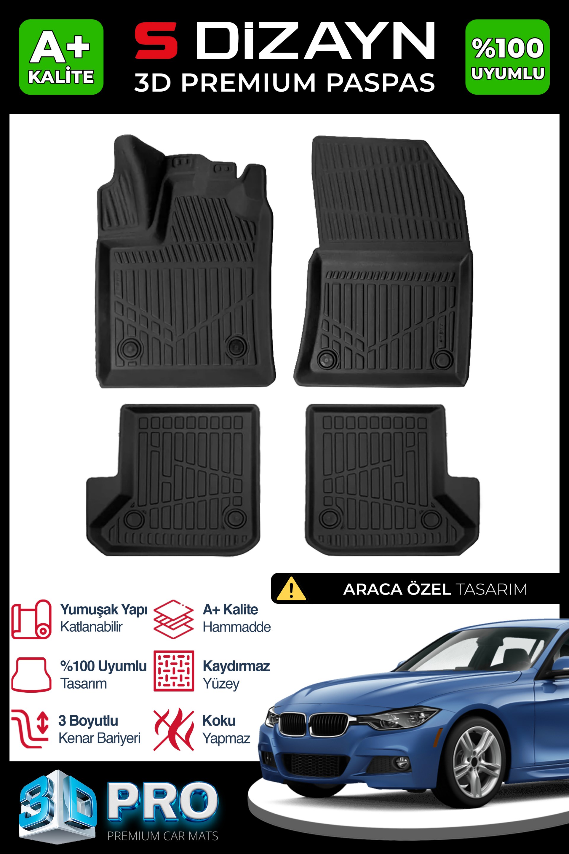 S-Dizayn Bmw 3 Serisi F31 Station Wagon 3D Pro Havuzlu Paspas 2012-2019 A+ Kalite
