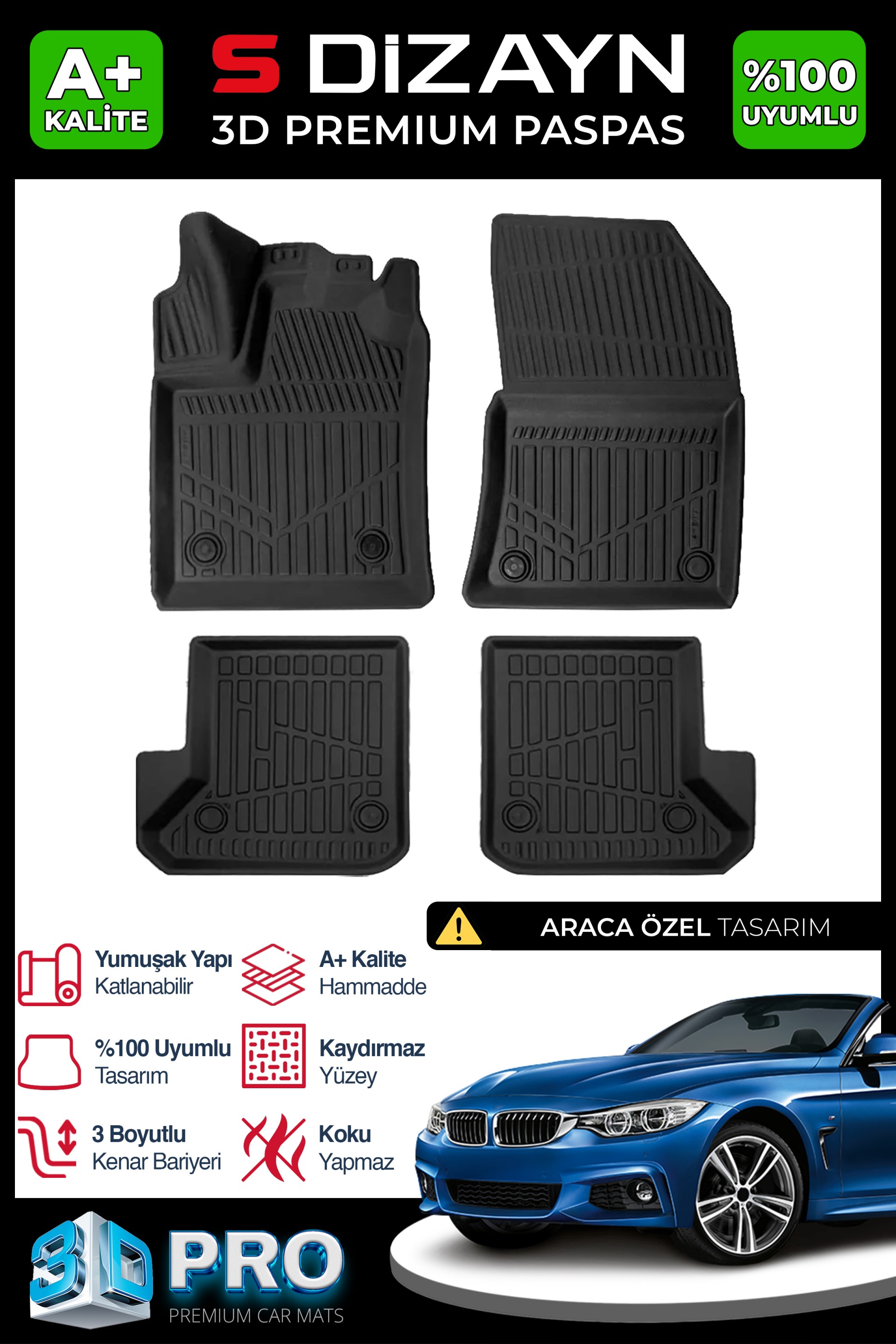 S-Dizayn Bmw 4 Serisi F33 Cabrio 3D Pro Havuzlu Paspas 2013-2020 A+ Kalite