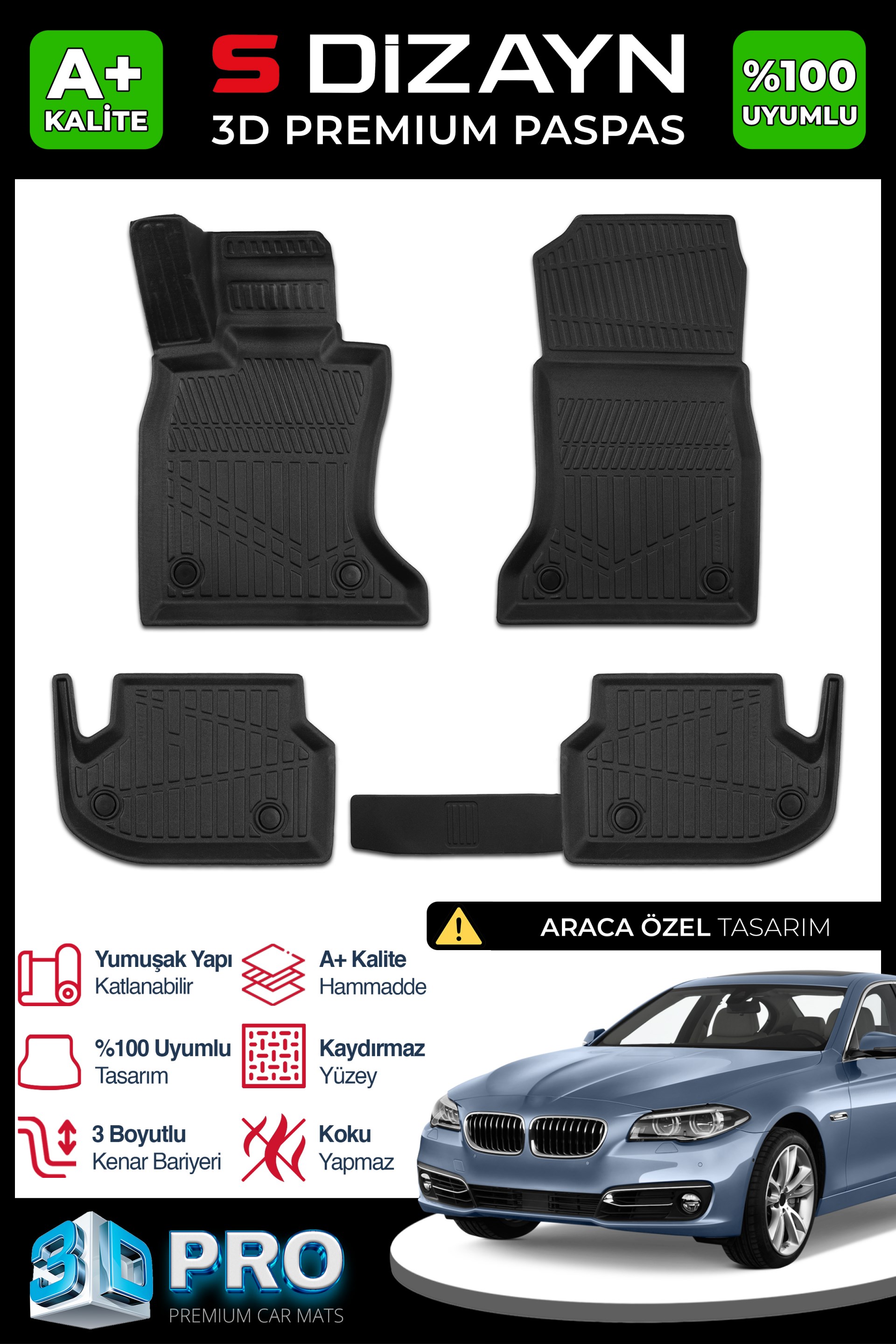 S-Dizayn Bmw 5 Serisi F10 3D Pro Havuzlu Paspas 2013-2016 A+ Kalite