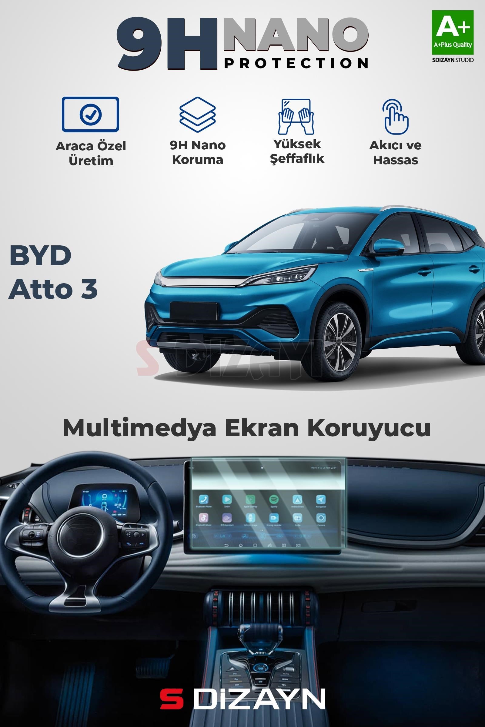 S-Dizayn BYD Atto 3 15.6 İnç 9H Nano Multimedya Ekran Koruyucu (PARLAK) 2024 Üzeri A+ Kalite